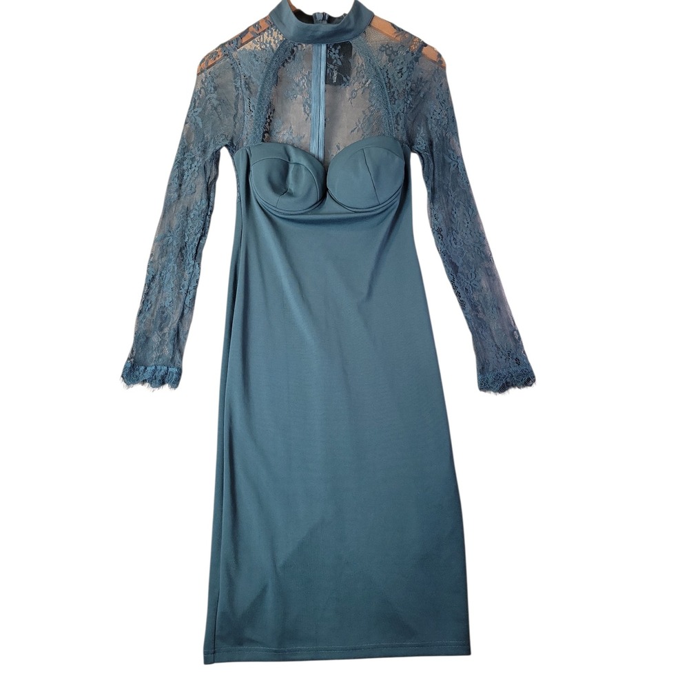 Fashion Nova The Case of Lace Dress Teal Blue Midi Bustier Bodycon‎ M Cocktail